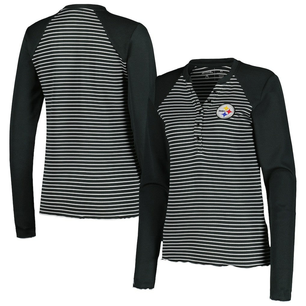 Pittsburgh Steelers Antigua Women's Maverick Waffle Henley Long Sleeve T-Shirt - Black - NFL