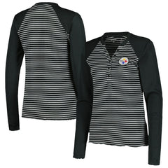 Pittsburgh Steelers Antigua Women's Maverick Waffle Henley Long Sleeve T-Shirt - Black - NFL