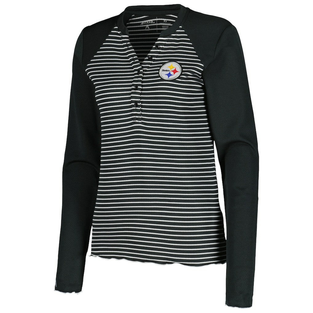 Pittsburgh Steelers Antigua Women's Maverick Waffle Henley Long Sleeve T-Shirt - Black - NFL