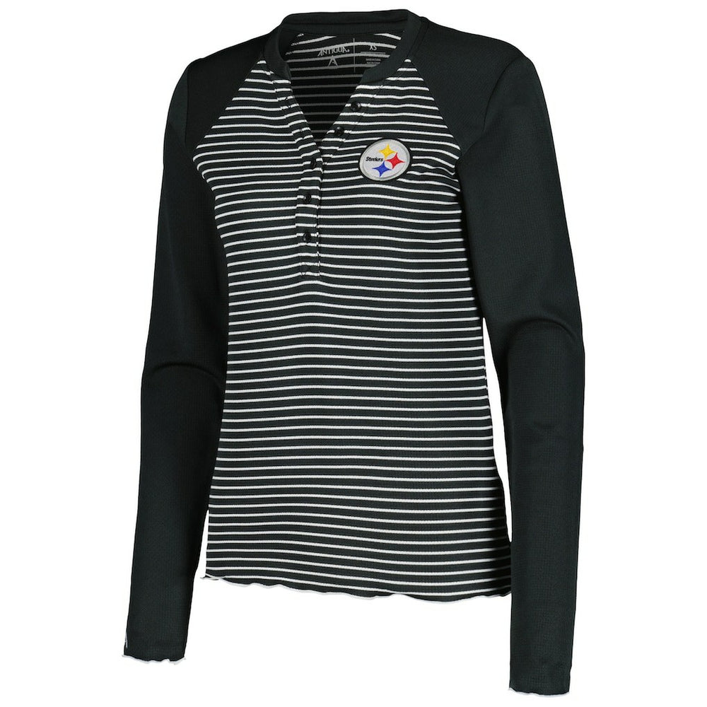 Pittsburgh Steelers Antigua Women's Maverick Waffle Henley Long Sleeve T-Shirt - Black - NFL