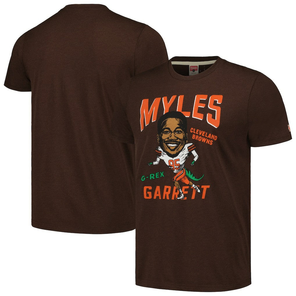 Myles Garrett Cleveland Browns Homage Unisex Caricature Player Tri-Blend T-Shirt - Heathered Brown - NFL