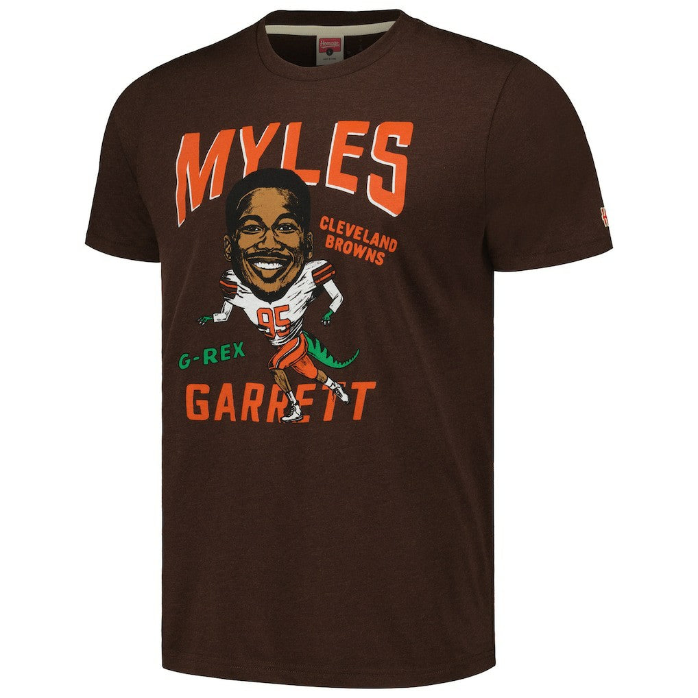 Myles Garrett Cleveland Browns Homage Unisex Caricature Player Tri-Blend T-Shirt - Heathered Brown - NFL