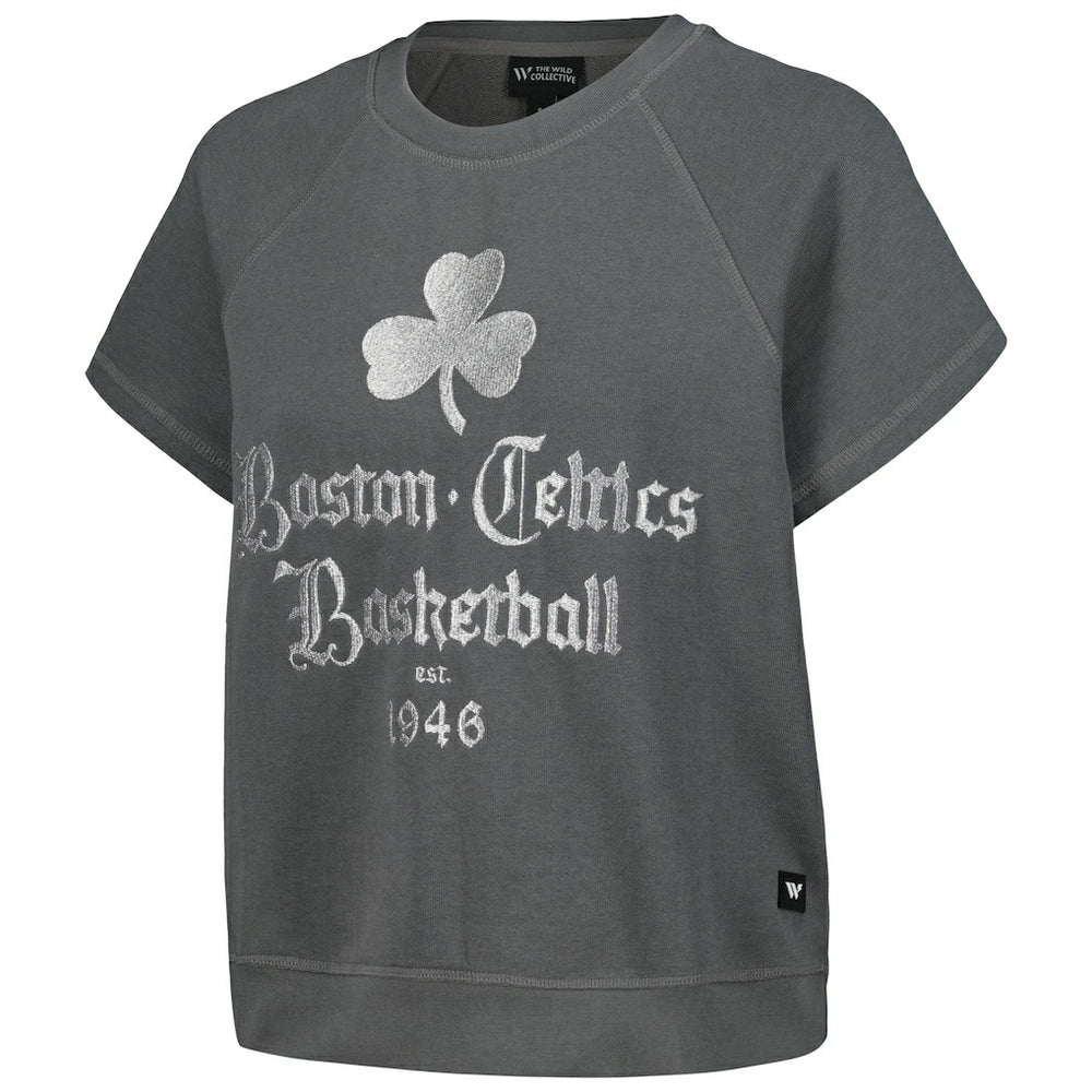 Boston Celtics The Wild Collective Women's Embroidered Fleece Raglan Short Sleeve Pullover Sweatshirt Gray
