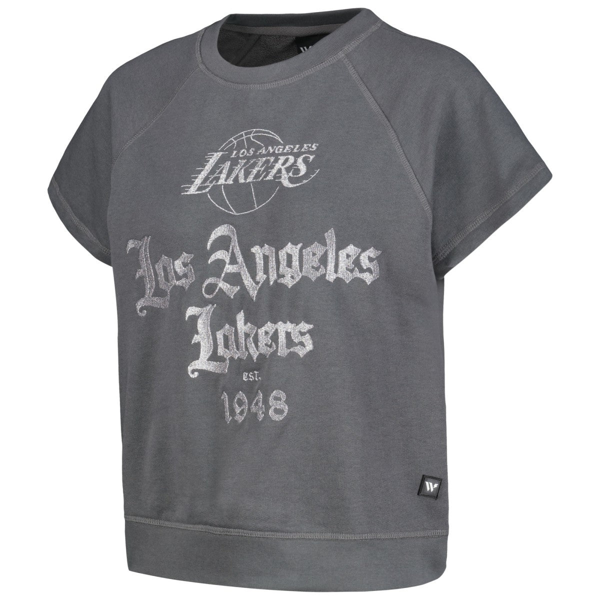 Los Angeles Lakers The Wild Collective Women's Embroidered Fleece Raglan Short Sleeve Pullover Sweatshirt Gray