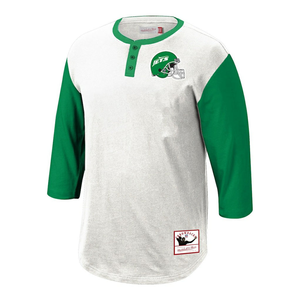 New York Jets Legacy Slub Henley 3/4 Sleeve T-Shirt - White - Mitchell & Ness