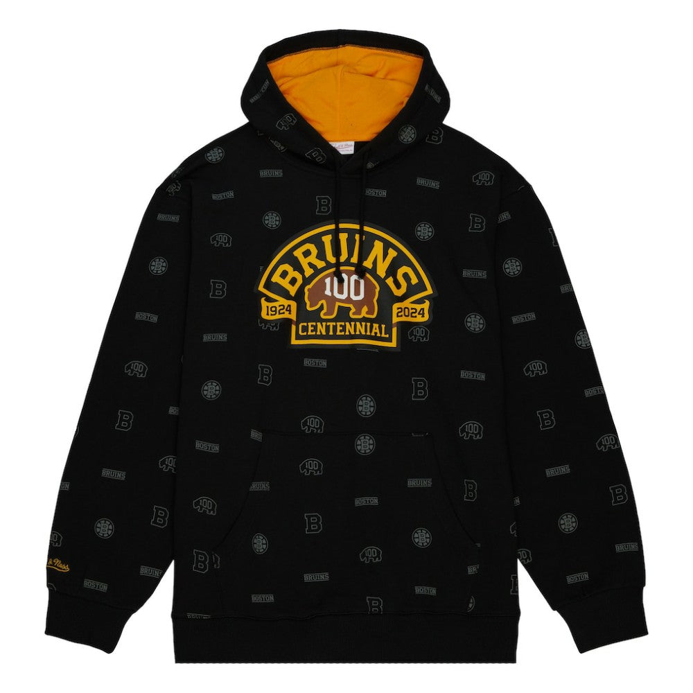 Boston Bruins Mitchell & Ness 100th Anniversary Allover Print Pullover Hoodie - Black | NHL on sale