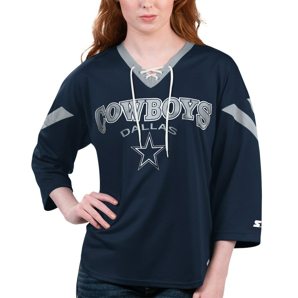Dallas Cowboys Starter Women's Rally Lace-Up 3/4-Sleeve T-Shirt - Navy - NFL