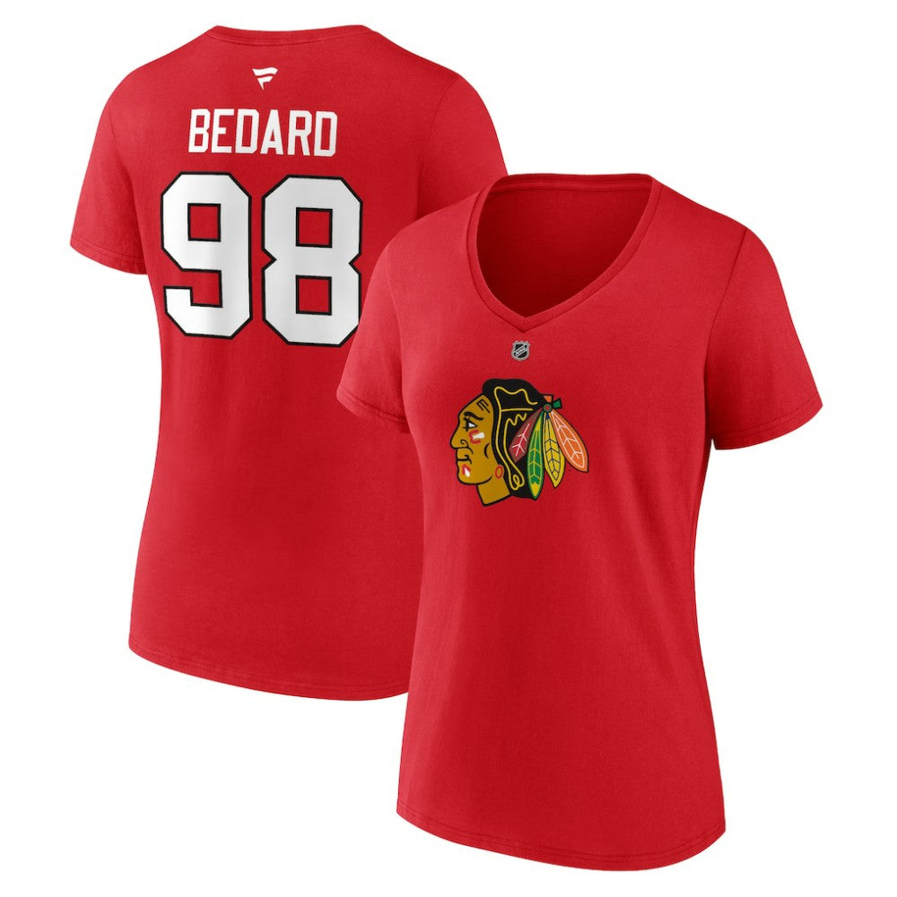 Connor Bedard Chicago Blackhawks Fanatics Women's Authentic Stack Name & Number V-Neck T-Shirt - Red | Fanatics Clearance