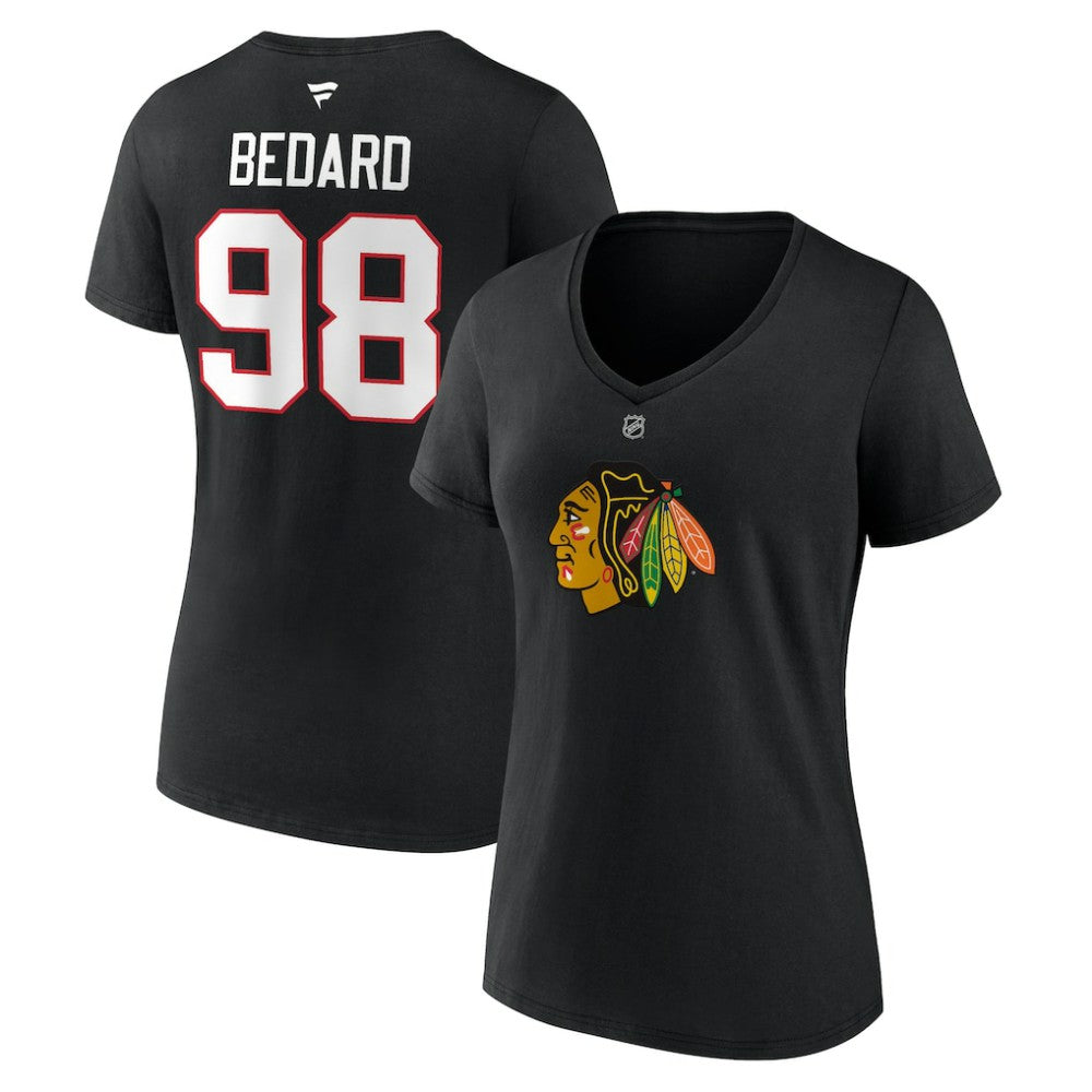 Connor Bedard Chicago Blackhawks Fanatics Women's Authentic Stack Name & Number V-Neck T-Shirt - Black | Fanatics discount