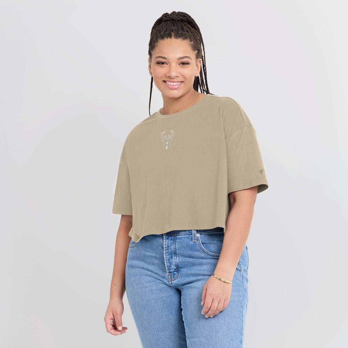 Fanatics Milwaukee Bucks Women's Elements Super Soft Boxy Cropped T-Shirt Khaki