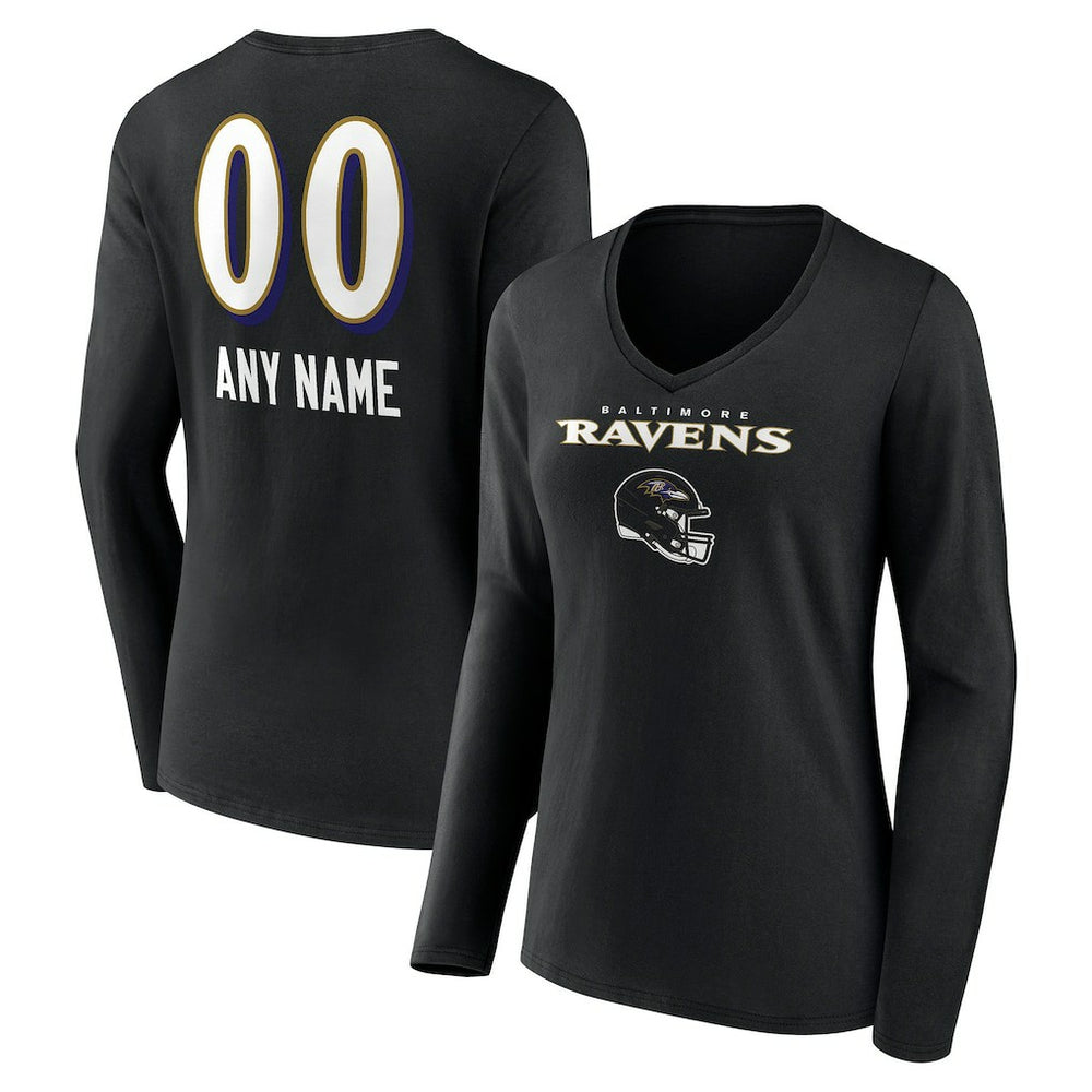 Baltimore Ravens Women's Personalized Name & Number Team Wordmark Long Sleeve V-Neck T-Shirt - Black - NFL