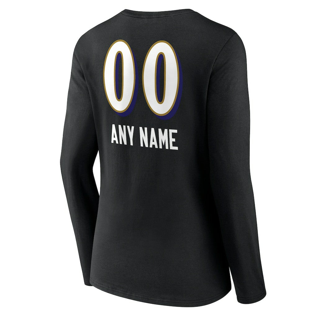 Baltimore Ravens Women's Personalized Name & Number Team Wordmark Long Sleeve V-Neck T-Shirt - Black - NFL