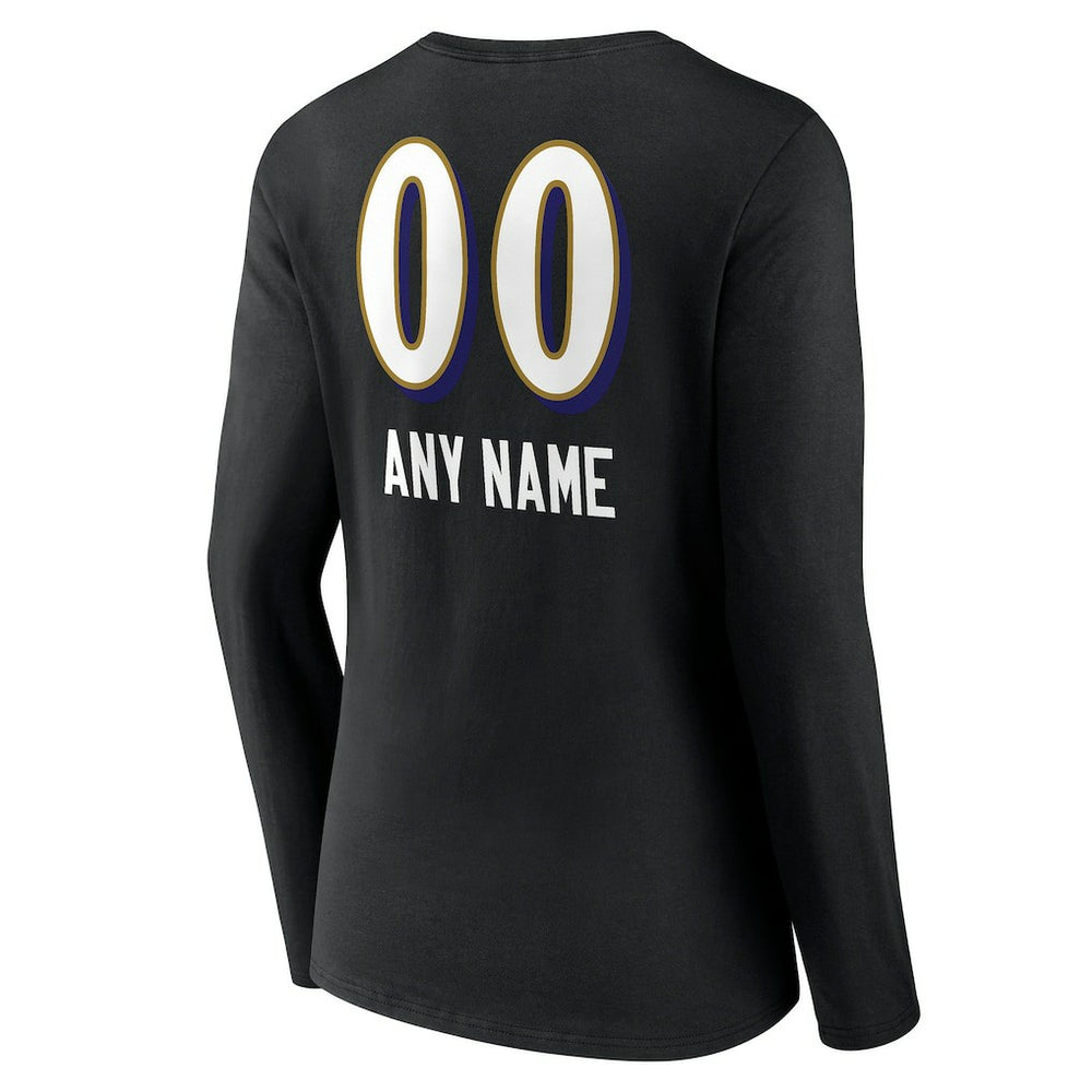 Baltimore Ravens Women's Personalized Name & Number Team Wordmark Long Sleeve V-Neck T-Shirt - Black - NFL