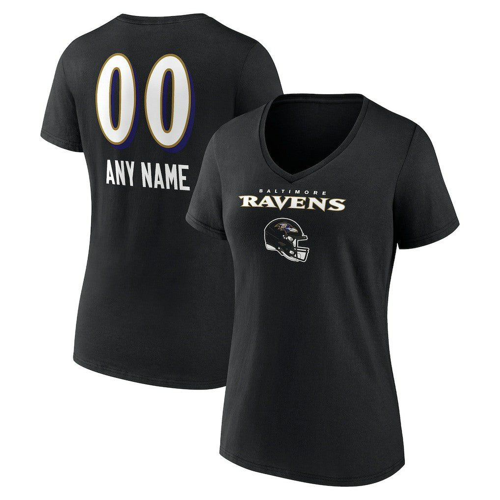 Baltimore Ravens Women's Personalized Name & Number Team Wordmark V-Neck T-Shirt - Black - NFL