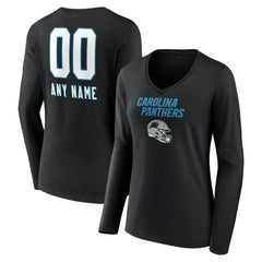 Carolina Panthers Women's Personalized Name & Number Team Wordmark Long Sleeve V-Neck T-Shirt - Black - NFL