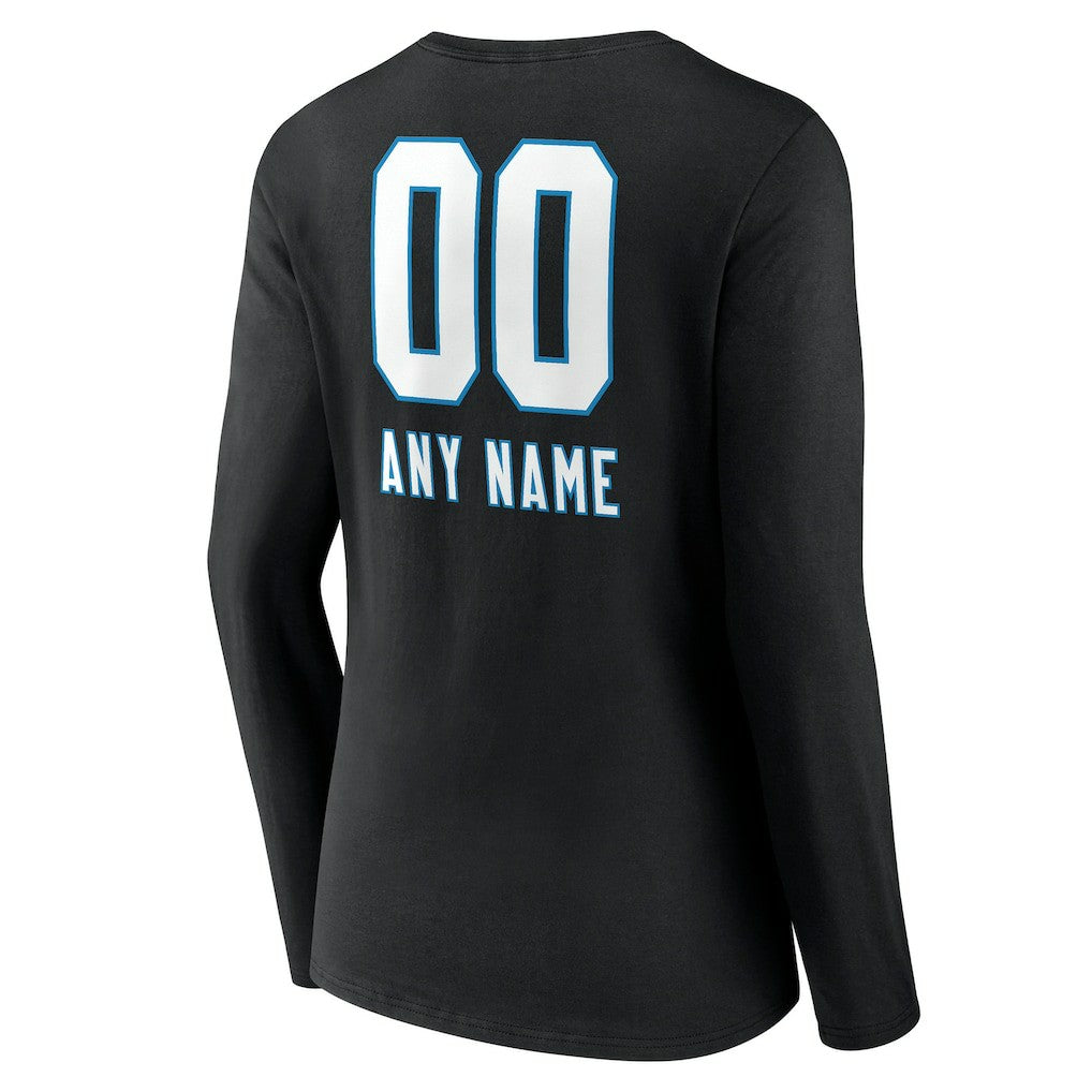 Carolina Panthers Women's Personalized Name & Number Team Wordmark Long Sleeve V-Neck T-Shirt - Black - NFL