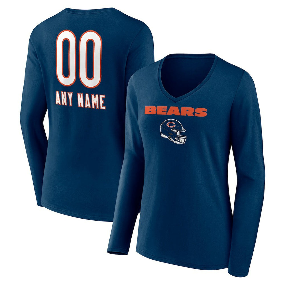 Chicago Bears Women's Personalized Name & Number Team Wordmark Long Sleeve V-Neck T-Shirt - Navy - NFL