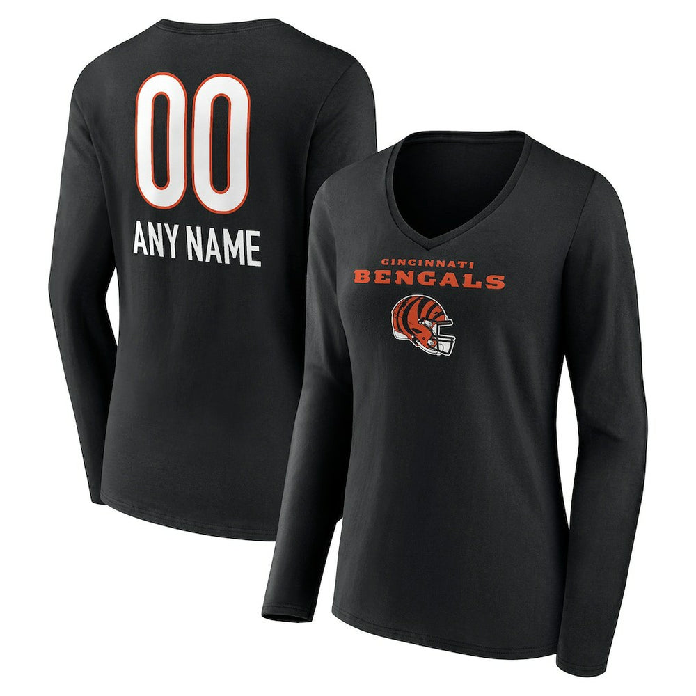 Cincinnati Bengals Women's Personalized Name & Number Team Wordmark Long Sleeve V-Neck T-Shirt - Black - NFL
