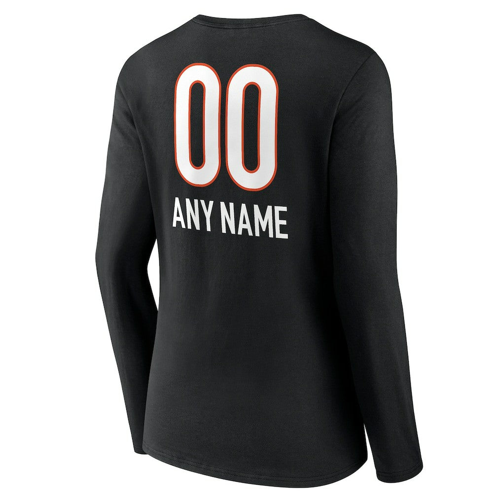 Cincinnati Bengals Women's Personalized Name & Number Team Wordmark Long Sleeve V-Neck T-Shirt - Black - NFL