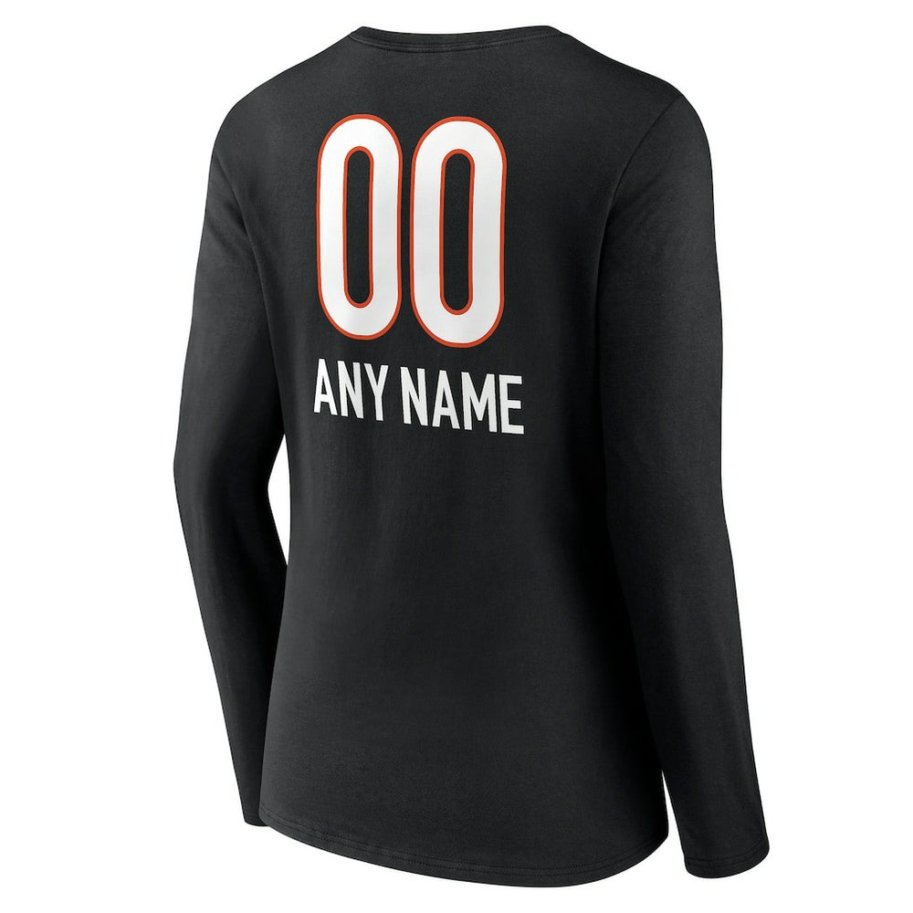 Cincinnati Bengals Women's Personalized Name & Number Team Wordmark Long Sleeve V-Neck T-Shirt - Black - NFL