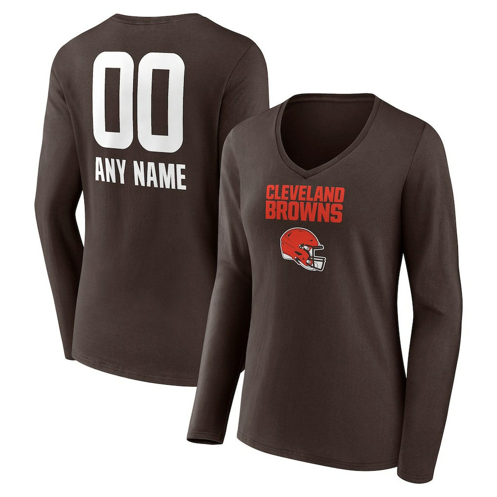 Cleveland Browns Women's Personalized Name & Number Team Wordmark Long Sleeve V-Neck T-Shirt - Brown - NFL