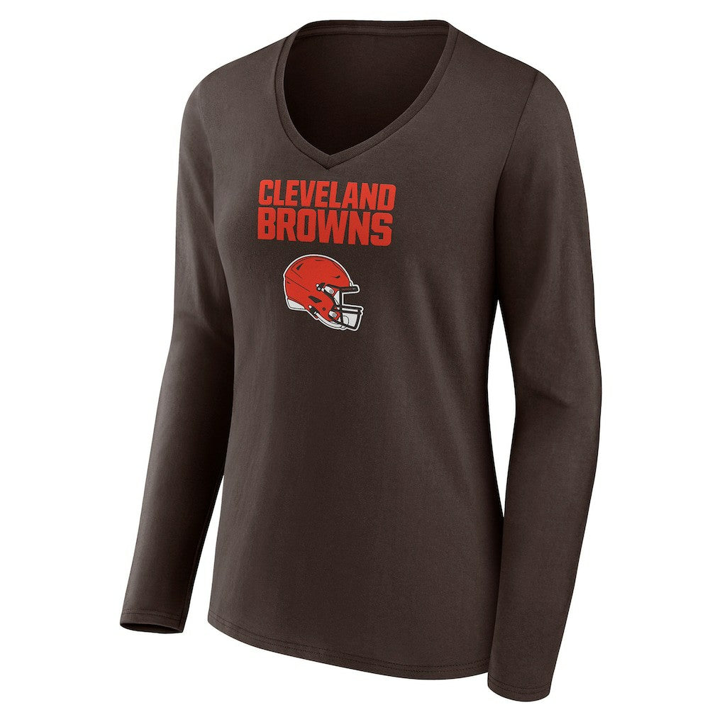 Cleveland Browns Women's Personalized Name & Number Team Wordmark Long Sleeve V-Neck T-Shirt - Brown - NFL