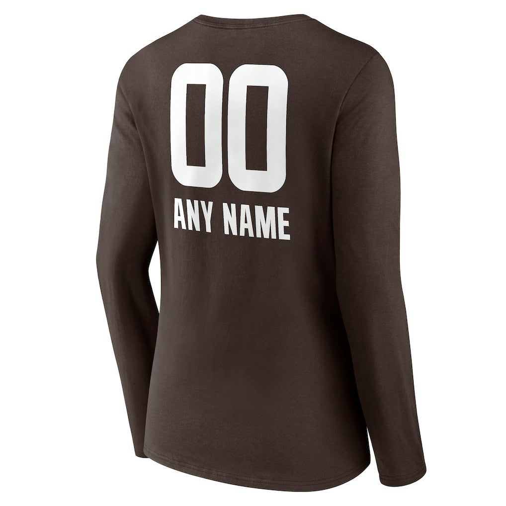 Cleveland Browns Women's Personalized Name & Number Team Wordmark Long Sleeve V-Neck T-Shirt - Brown - NFL