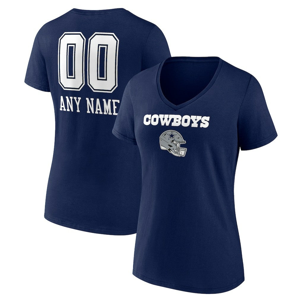 Dallas Cowboys Women's Personalized Name & Number Team Wordmark V-Neck T-Shirt - Navy - NFL