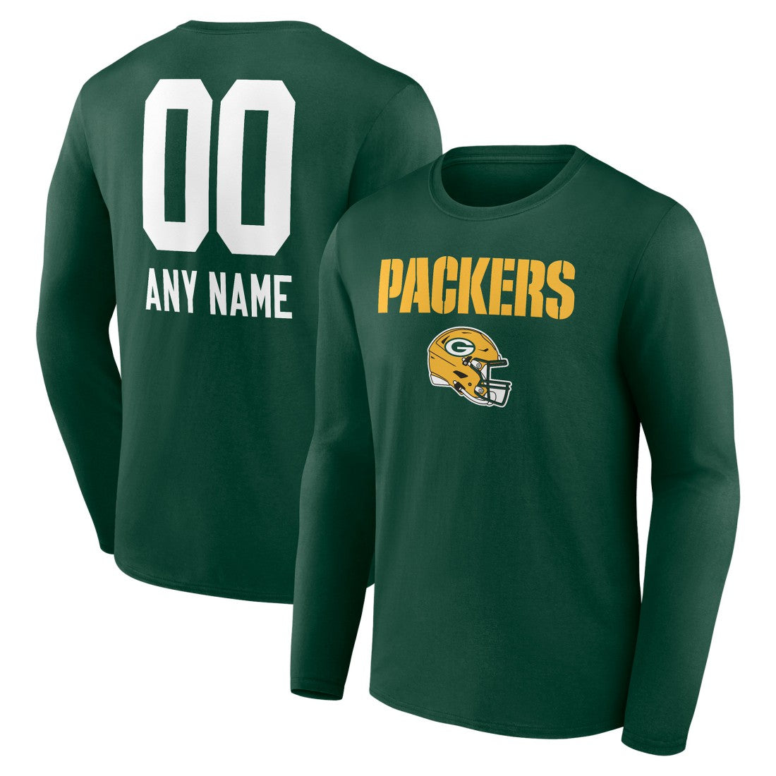 Green Bay Packers Personalized Name & Number Team Wordmark Long Sleeve T-Shirt - Green - NFL