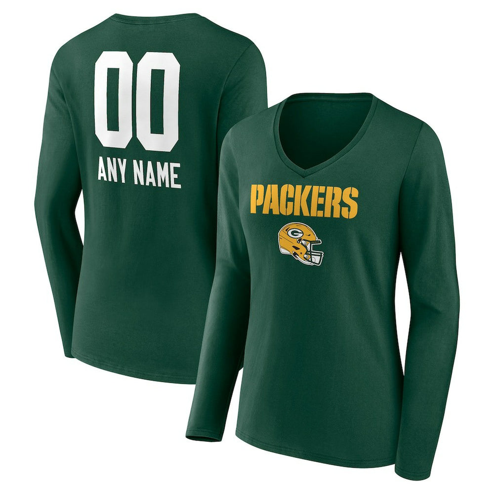 Green Bay Packers Women's Personalized Name & Number Team Wordmark Long Sleeve V-Neck T-Shirt - Green - NFL