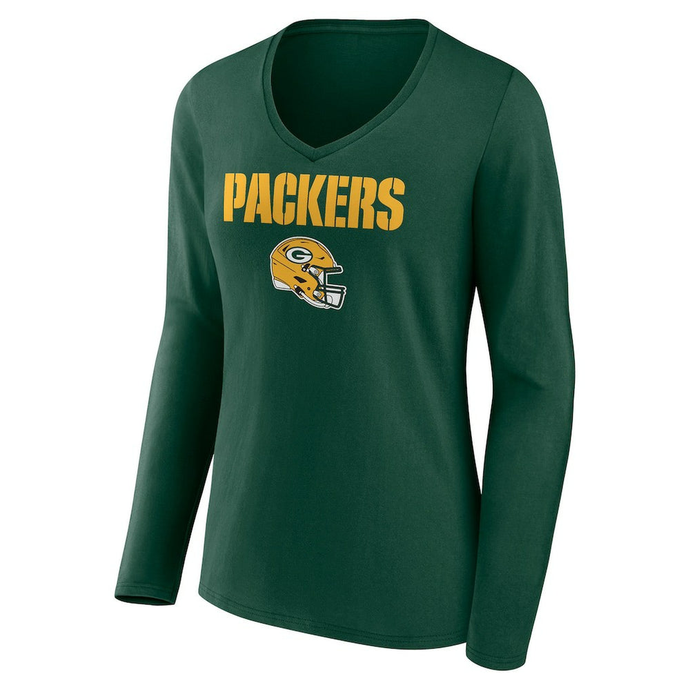 Green Bay Packers Women's Personalized Name & Number Team Wordmark Long Sleeve V-Neck T-Shirt - Green - NFL