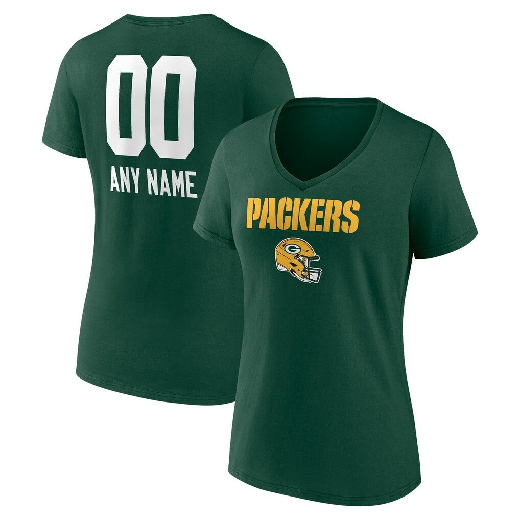 Green Bay Packers Women's Personalized Name & Number Team Wordmark V-Neck T-Shirt - Green - NFL