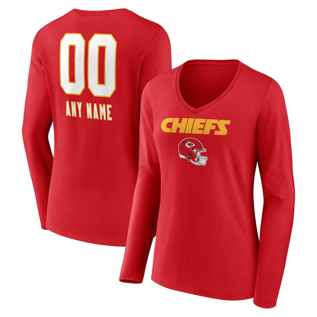 Kansas City Chiefs Women's Personalized Name & Number Team Wordmark Long Sleeve V-Neck T-Shirt - Red - NFL