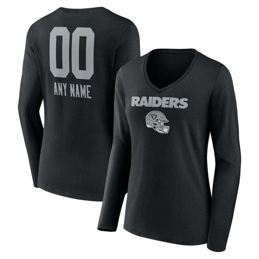 Las Vegas Raiders Women's Personalized Name & Number Team Wordmark Long Sleeve V-Neck T-Shirt - Black - NFL