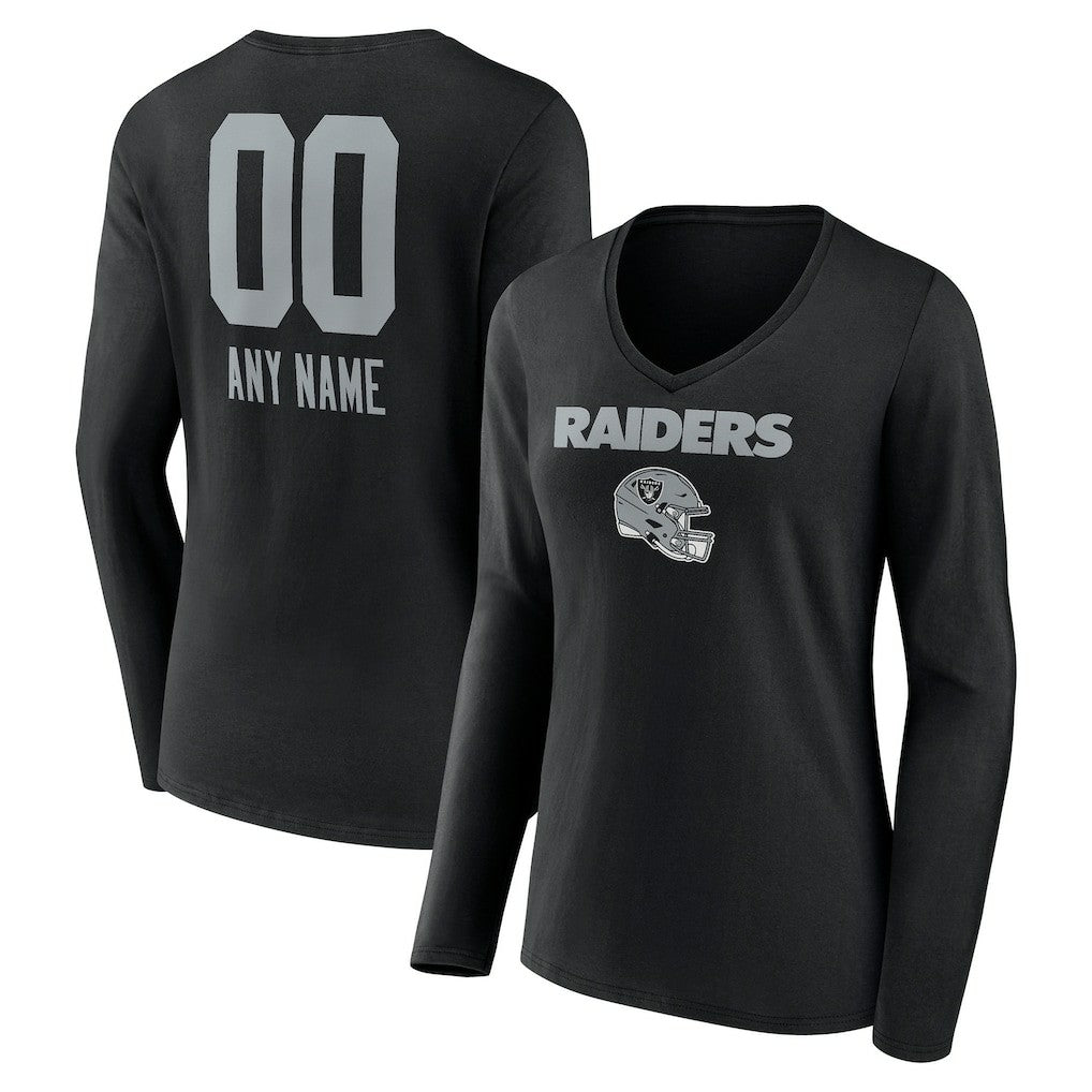 Las Vegas Raiders Women's Personalized Name & Number Team Wordmark Long Sleeve V-Neck T-Shirt - Black - NFL