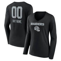 Las Vegas Raiders Women's Personalized Name & Number Team Wordmark Long Sleeve V-Neck T-Shirt - Black - NFL