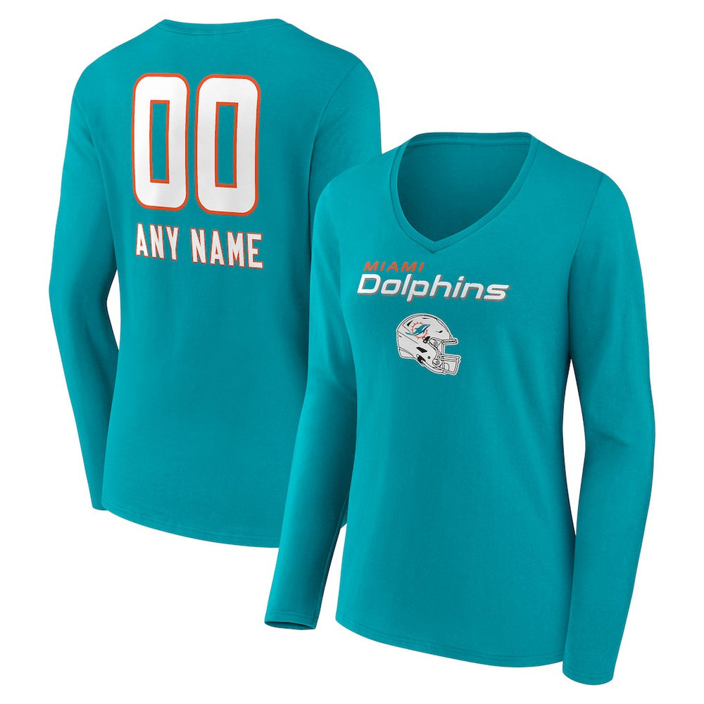 Miami Dolphins Women's Personalized Name & Number Team Wordmark Long Sleeve V-Neck T-Shirt - Aqua - NFL