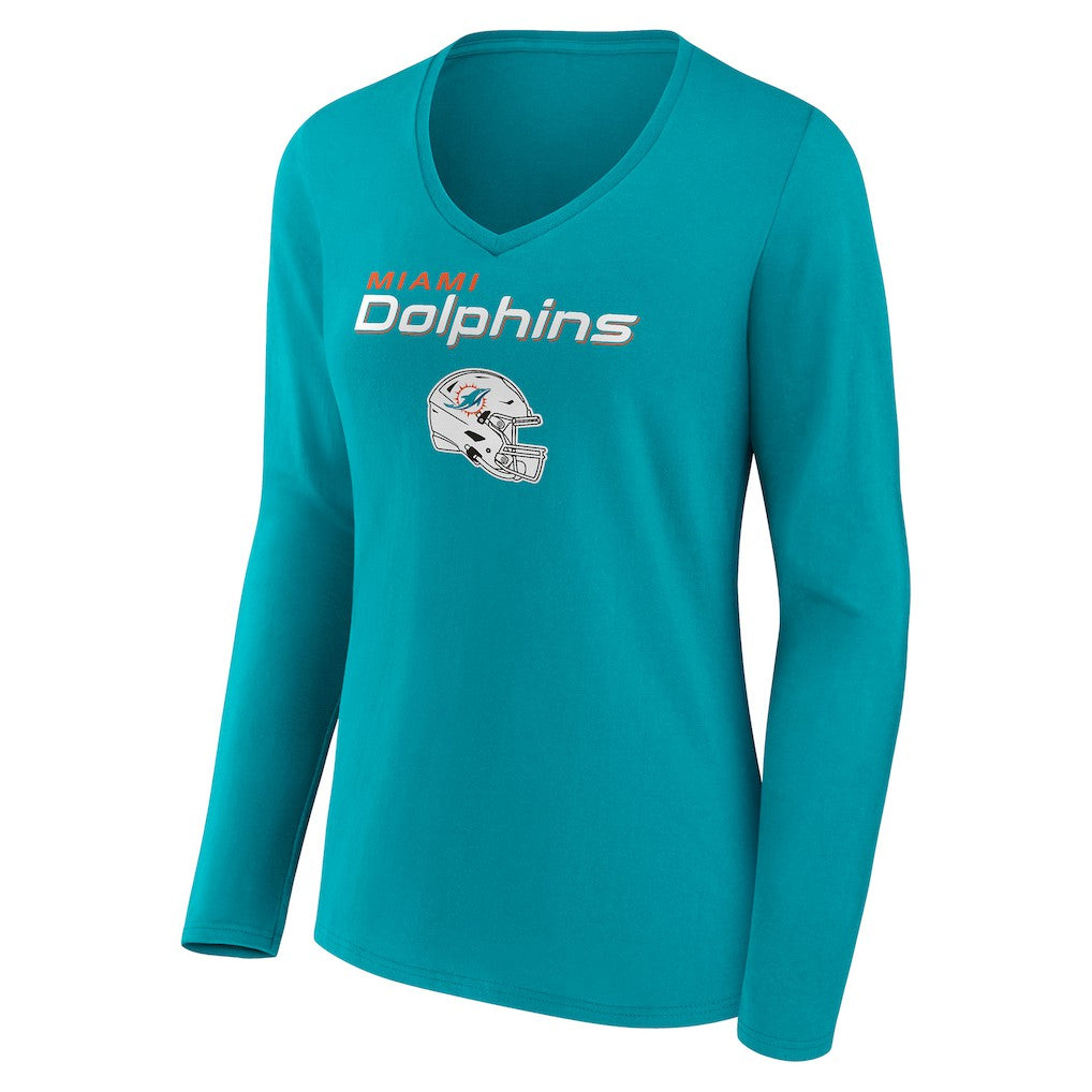 Miami Dolphins Women's Personalized Name & Number Team Wordmark Long Sleeve V-Neck T-Shirt - Aqua - NFL