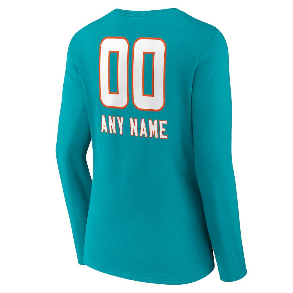 Miami Dolphins Women's Personalized Name & Number Team Wordmark Long Sleeve V-Neck T-Shirt - Aqua - NFL