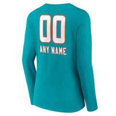 Miami Dolphins Women's Personalized Name & Number Team Wordmark Long Sleeve V-Neck T-Shirt - Aqua - NFL
