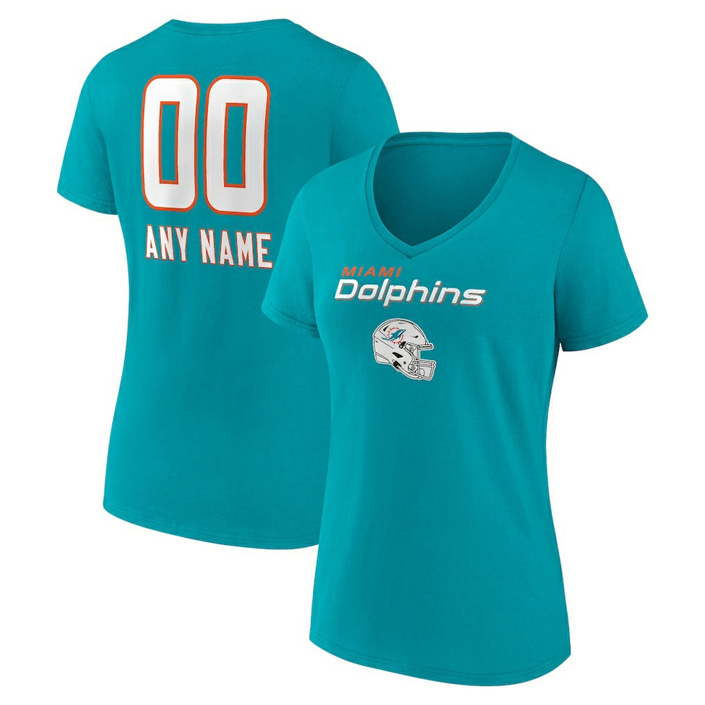 Miami Dolphins Women's Personalized Name & Number Team Wordmark V-Neck T-Shirt - Aqua - NFL