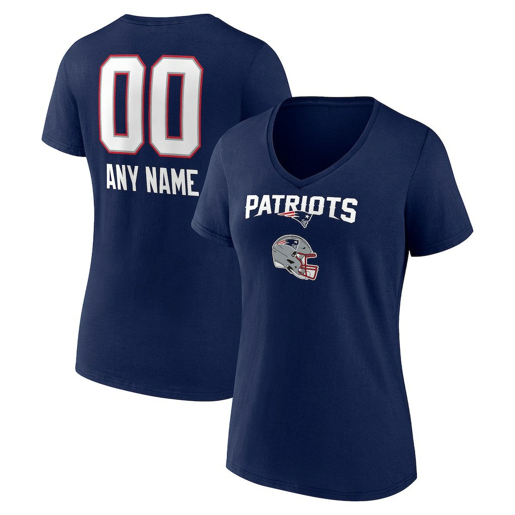 New England Patriots Women's Personalized Name & Number Team Wordmark V-Neck T-Shirt - Navy - NFL