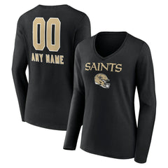 New Orleans Saints Women's Personalized Name & Number Team Wordmark Long Sleeve V-Neck T-Shirt - Black - NFL