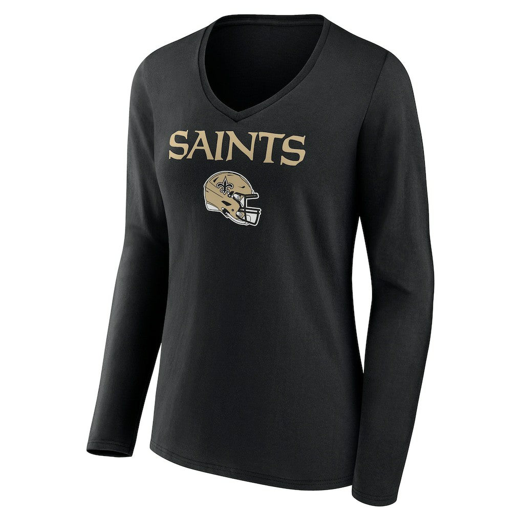New Orleans Saints Women's Personalized Name & Number Team Wordmark Long Sleeve V-Neck T-Shirt - Black - NFL