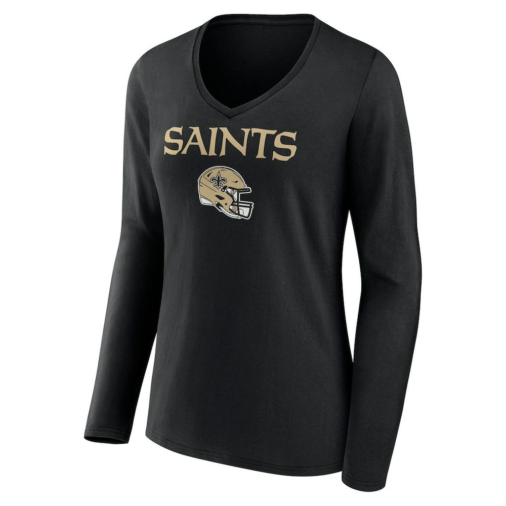 New Orleans Saints Women's Personalized Name & Number Team Wordmark Long Sleeve V-Neck T-Shirt - Black - NFL