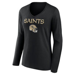 New Orleans Saints Women's Personalized Name & Number Team Wordmark Long Sleeve V-Neck T-Shirt - Black - NFL