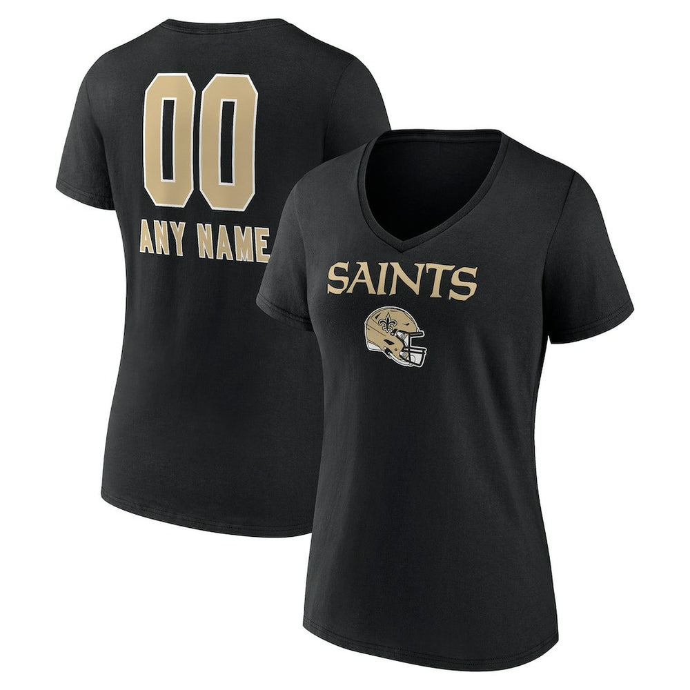 New Orleans Saints Women's Personalized Name & Number Team Wordmark V-Neck T-Shirt - Black - NFL