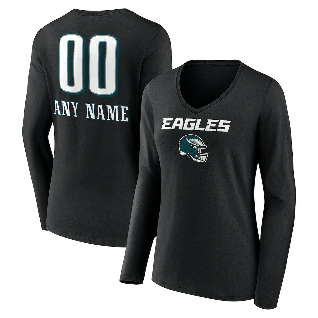 Philadelphia Eagles Women's Personalized Name & Number Team Wordmark Long Sleeve V-Neck T-Shirt - Black - NFL