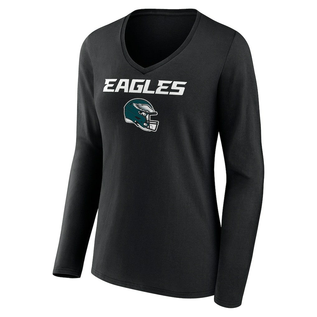 Philadelphia Eagles Women's Personalized Name & Number Team Wordmark Long Sleeve V-Neck T-Shirt - Black - NFL