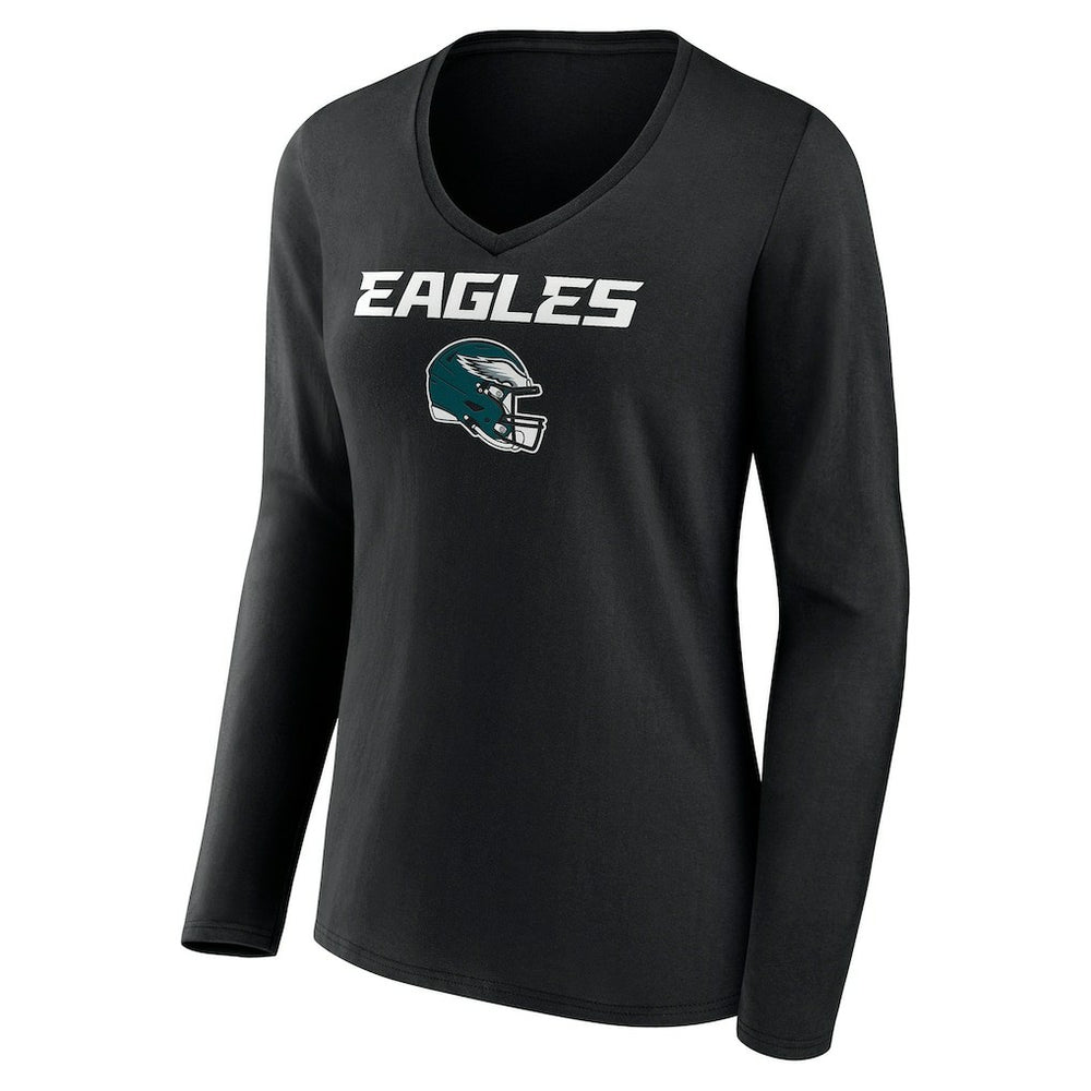 Philadelphia Eagles Women's Personalized Name & Number Team Wordmark Long Sleeve V-Neck T-Shirt - Black - NFL